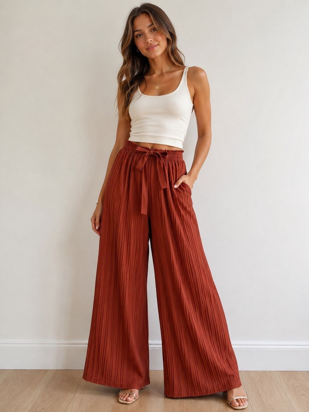 Soho Apparel Burnt Orange Pleated Wide Leg Pants Medium